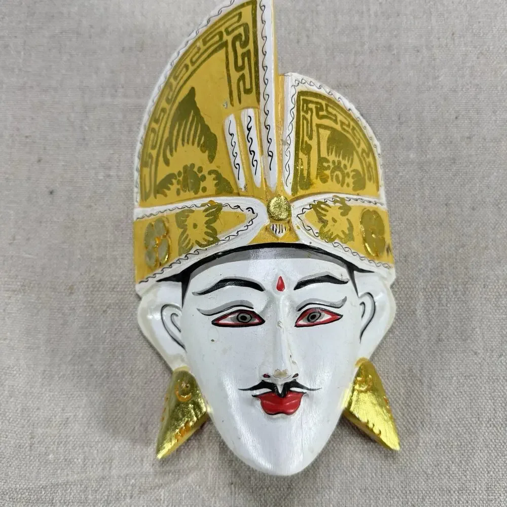 Vintage Balinese Hand Carved Wood Wall Mask Hand Painted Traditional Ceremonial